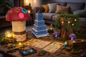 Escape box La Malédiction de l’Hiver Éternel dans un décor de forêt enchantée avec champignon géant, arbre et cartes