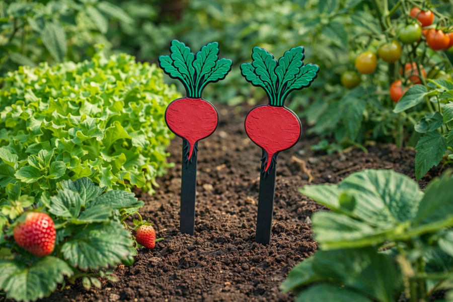 Marqueurs de potager en forme de radis plantés dans la terre. Réalisés en impression 3D.