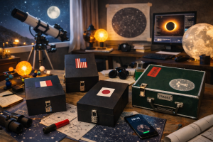 Escape box Éclipse Solaire sur une table dans un univers d’astronomie avec télescope et cartes du ciel