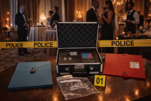 Escape box Affaire du Diadème dans une ambiance d’enquête policière avec mallette d’investigation et indices