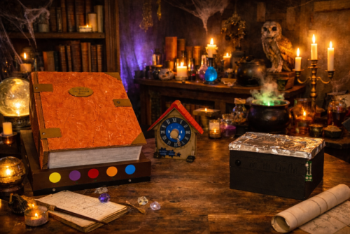 Escape box Le Grimoire du Grand Mage dans un décor de magie avec grimoire, potions, chandelles et objets mystérieux